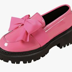 Women's Pink Bow Platform Loafers Chunky Lug Sole Slip On Shoes (Size 8.5)