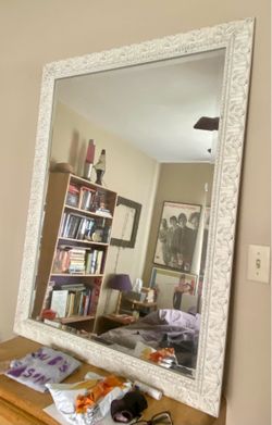 Big mirror. Shabby chic. White wood. Whitewash. Heavy, solid