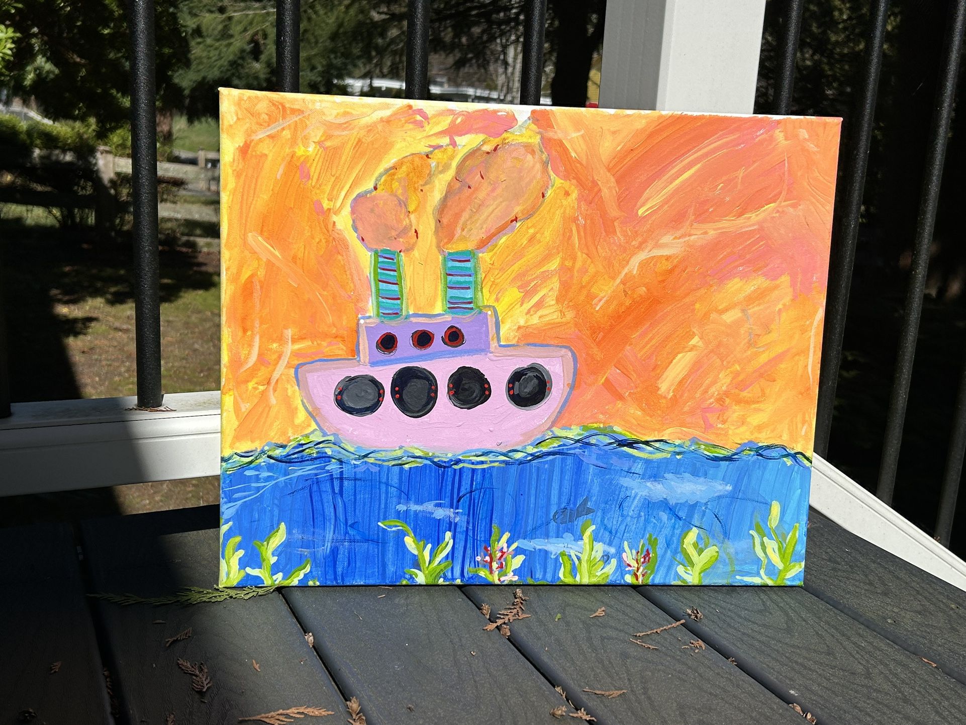 Original Art/Painting/canvas/boat/Beatles Band/Ocean/Colorful/local Art