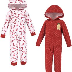  2 Pk Hudson Baby Fleece Jumpsuit Christmas Candy Cane Coveralls Play suit 3T New.