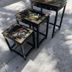 Chinese Style Black Lacquered With Floral Deco..