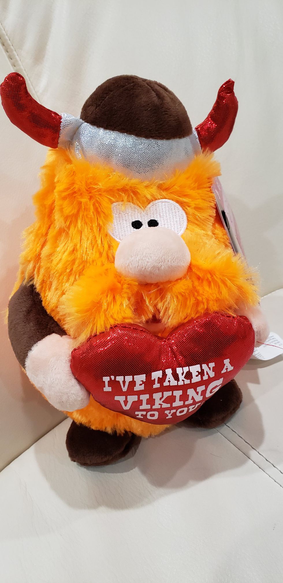Viking Valentine's day stuffed animal. Sings "I'm too sexy for my shirt" song and the cheeks light