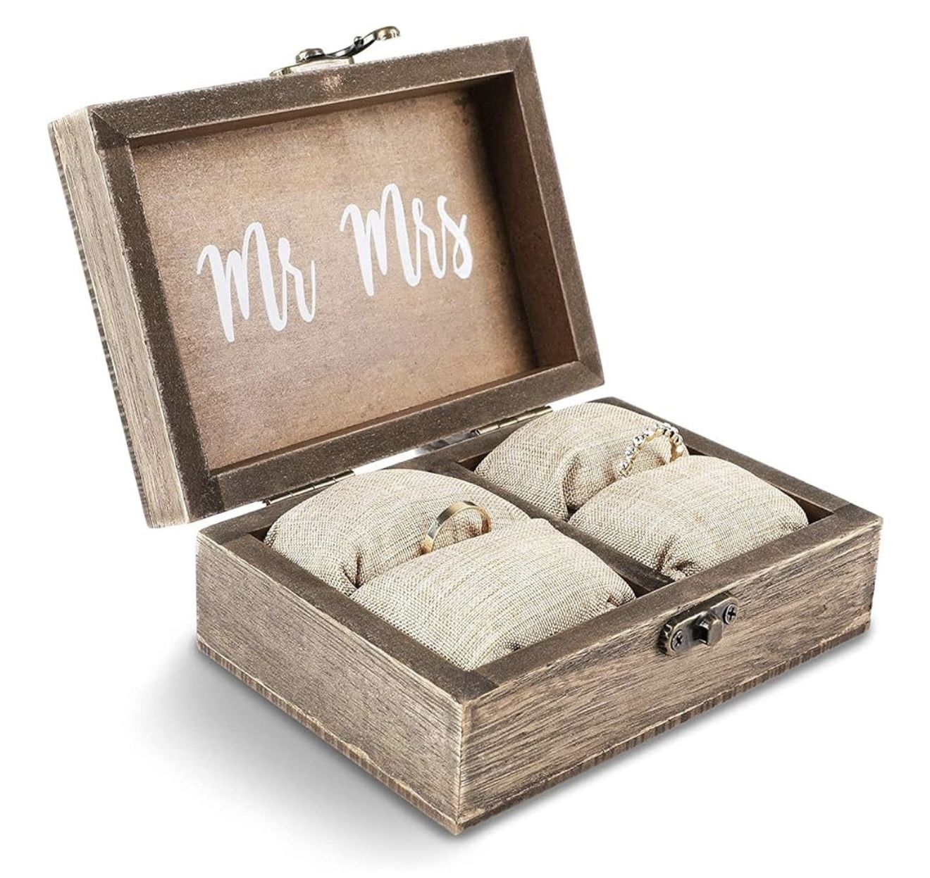 Juvale Wooden Two Become One Wedding Ring Box with Burlap Pillow Lining, Hinge Clasp Closure Wedding Ring Holder for Ceremony, Anniversaries, and Marr