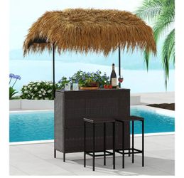 Outdoor Tiki Bar Set, 3 Pieces Wicker Patio Bar Set with Height Stools, Wicker Islander Tiki Bar and 2 Stools Storage for Garden