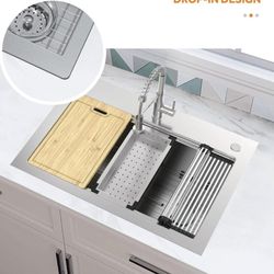 Glacier Bay
olancourtTight Radius33in. Drop-In •Single Bowl 18G Stainless Steel Workstation Kitchen Sink with Spring NeckFauce
