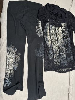 black lace long sleeve top and matching wide-leg pants 