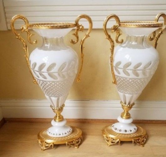 Italian Handcut Crystal Set Of 2 Vase Tall: 19"