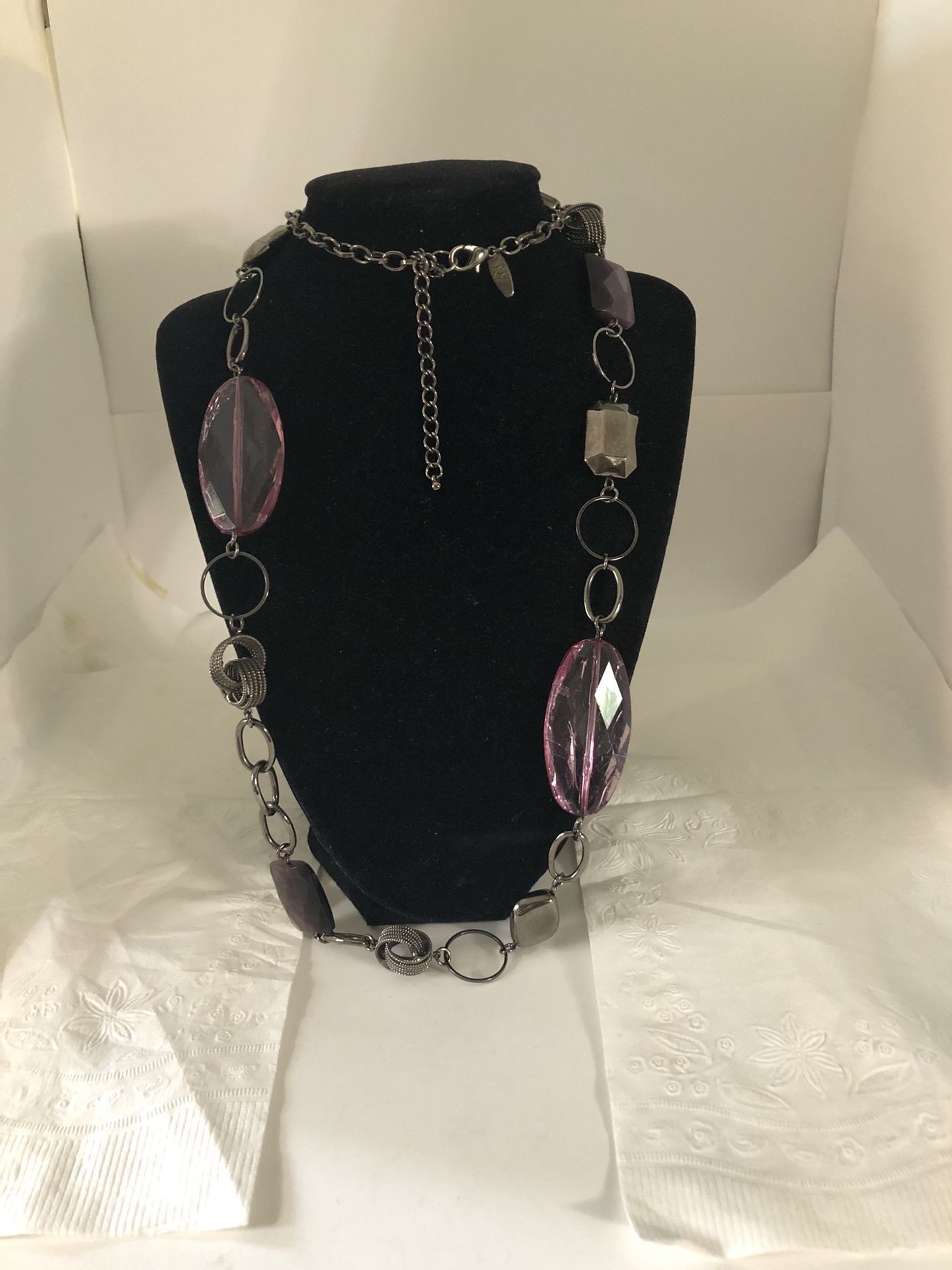 New York Purple & Silver Tone Beaded Necklace Excellent Condition 37” Long/ 4” Extension