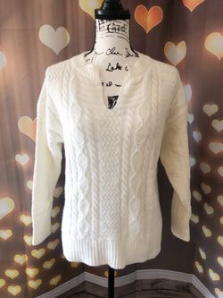 Cable knit sweater white vneck womens long sleeve sweater top