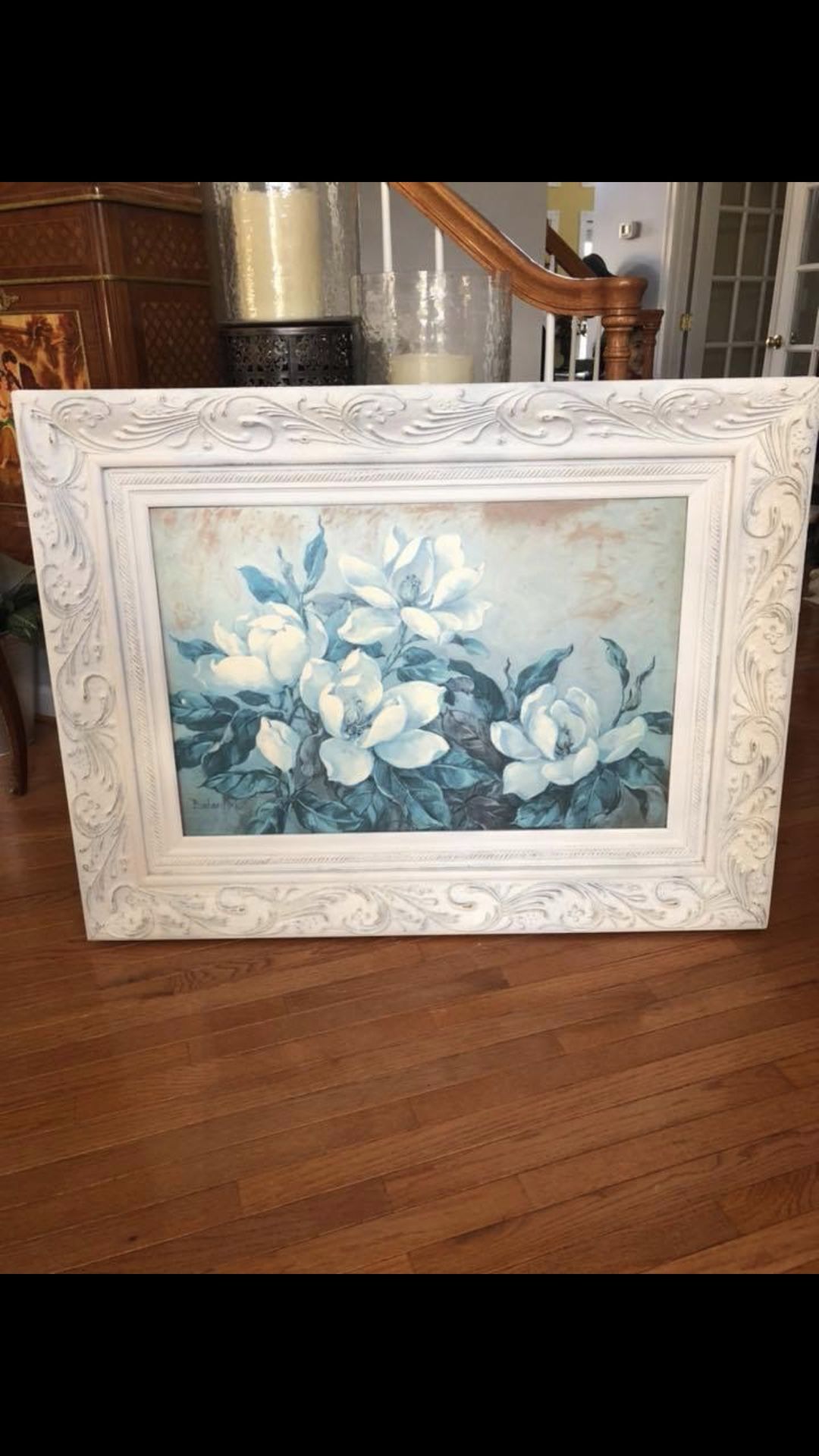 44”X32” A gorgeous Large signed flower painting in A Antique white distressed finish wooden frame