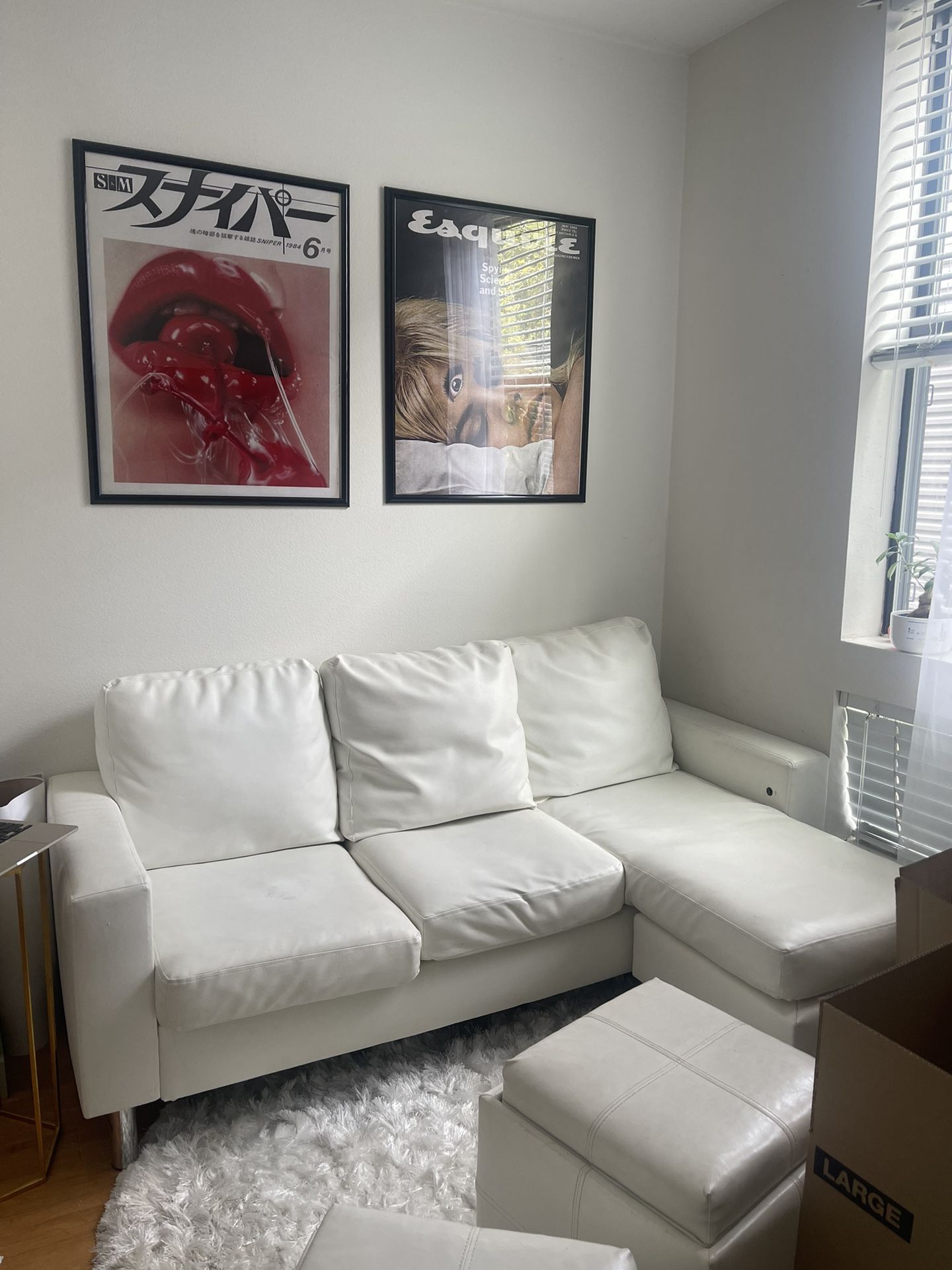 Small White Leather L Couch, Interchangeable Ottoman