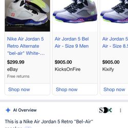 NIKE AIR JORDAN 5 RETRO ALTERNATE "BEL-AIR" WHITE-GREEN-PURPLE SZ 9.5