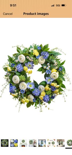 New 24 Inch Spring Wreath for Front Door, Artificial Hydrangea, Anemone & Wild Daisy Flowers with Berry Accents, Spring and Summer Door Wreath for Ind