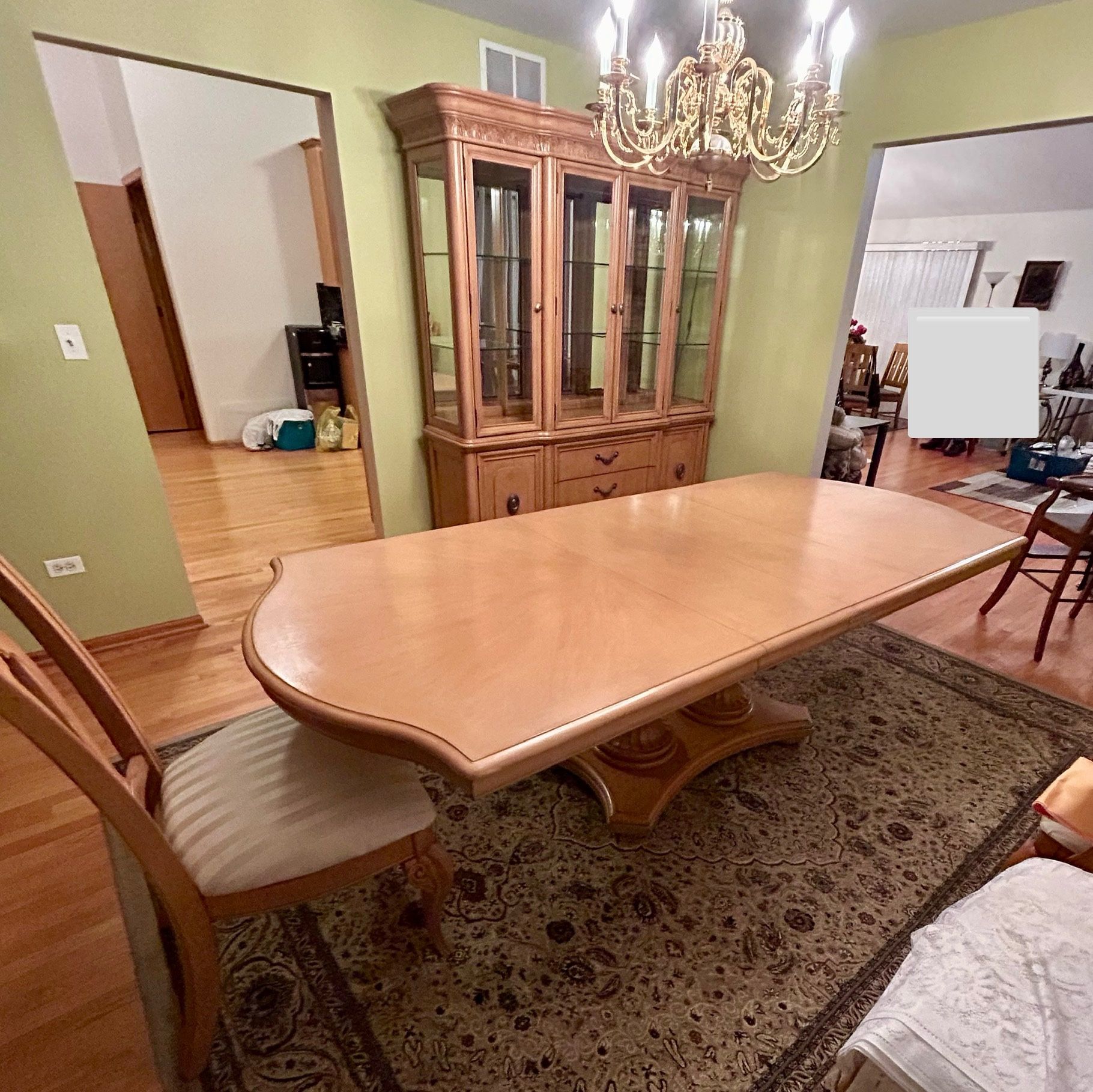 Dining Table, Cushion Chairs, Hutch