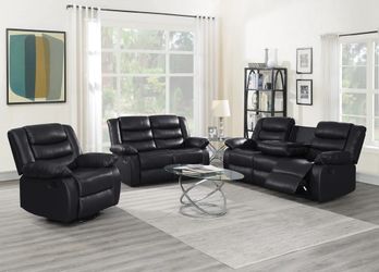 3-Pc Black Leather Reclining Sofa Set - Sofa,Loveseat And Recliner Chair 