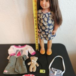 18" Doll With Accessories And Clothes 