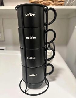 Like New Black Coffee Mug Set with Vertical Metal Storage Rack - 4 Mugs