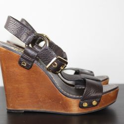 Tory Burch Beckett Dark Brown Leather Wedge Platform Sandals Size 5