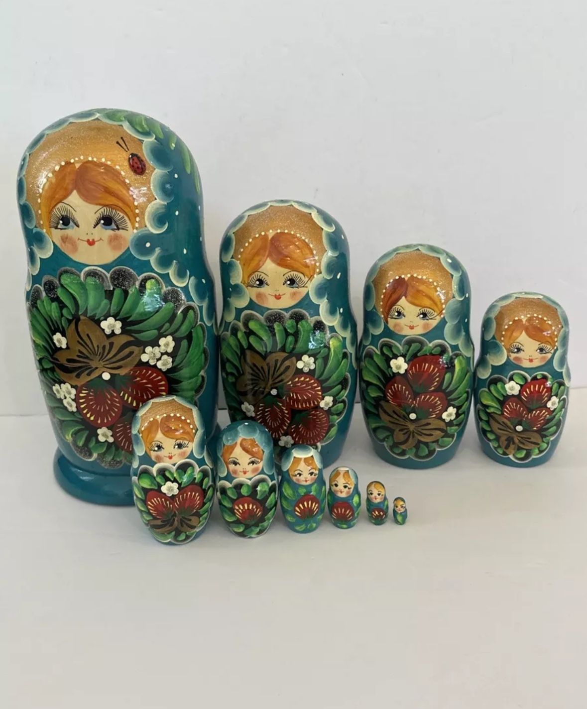 Large 10 Piece Russian Matryoshka Nesting Dolls Hand Painted