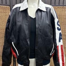 Vintage Michael Hoban WhereMI USA Flag Leather Jacket Moto Biker 90s Statement Coat L Via 