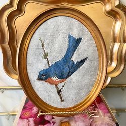 Vtg 11 3/4” H Eastern Bluebird Hand-Stitched Needlepoint in Vtg Gold Wood Frame