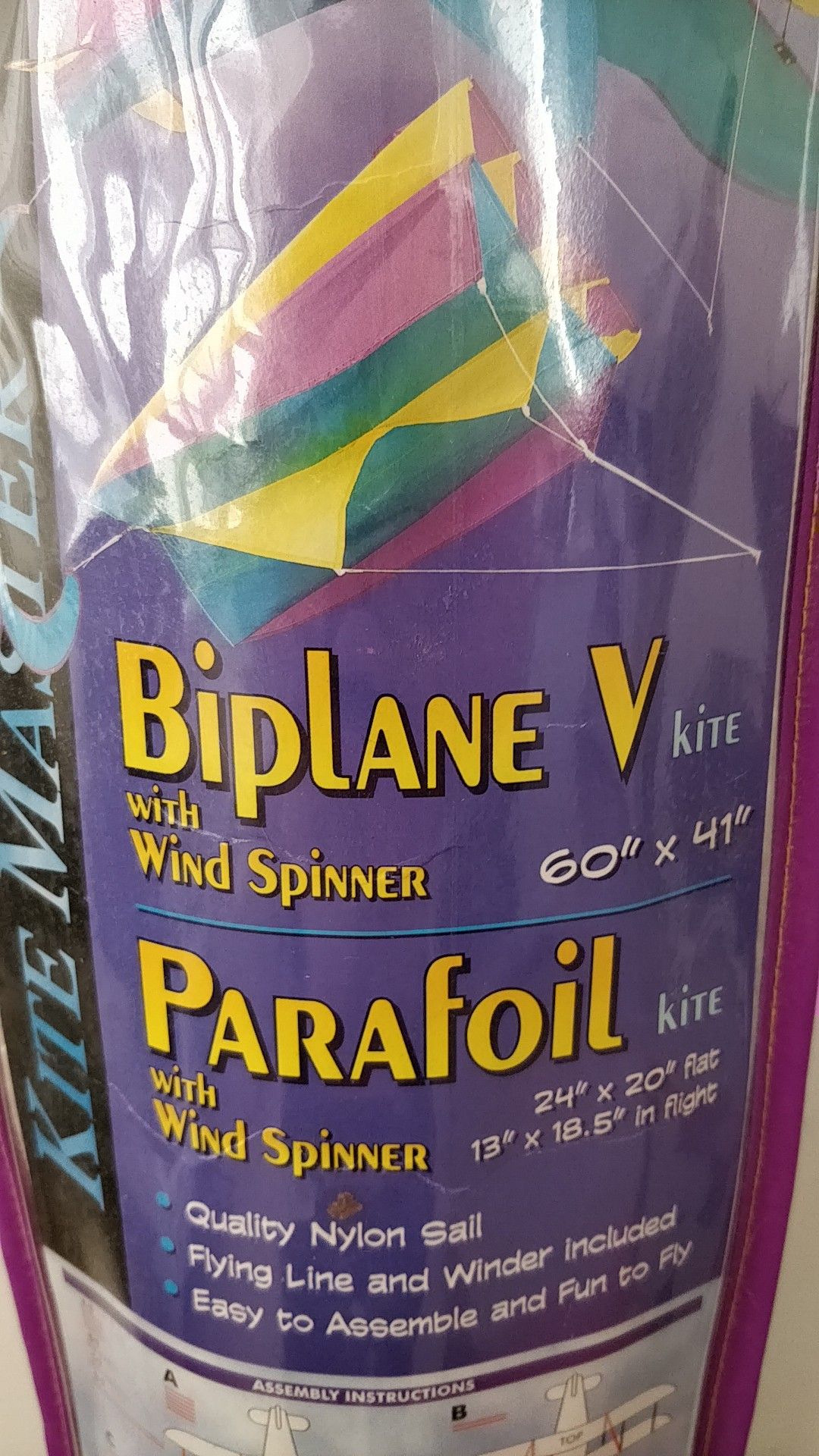 2 KITES Large Biplane & Parafoil with Wind Spinner 60"X41" & 24"X20"