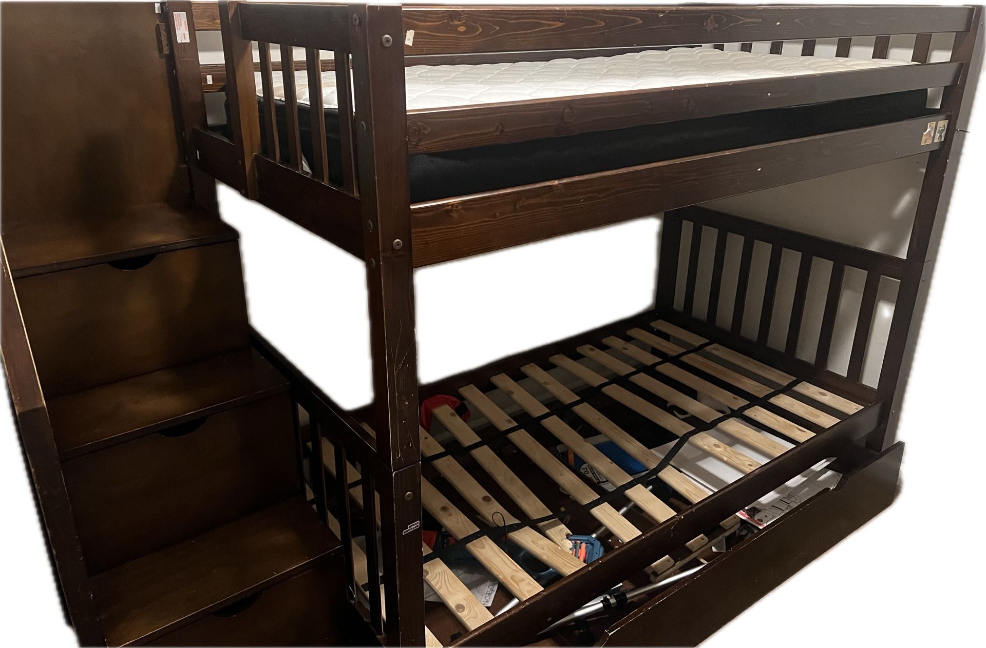 Twin Over Full Wooden Bunk Bed with Storage Stairs – $150