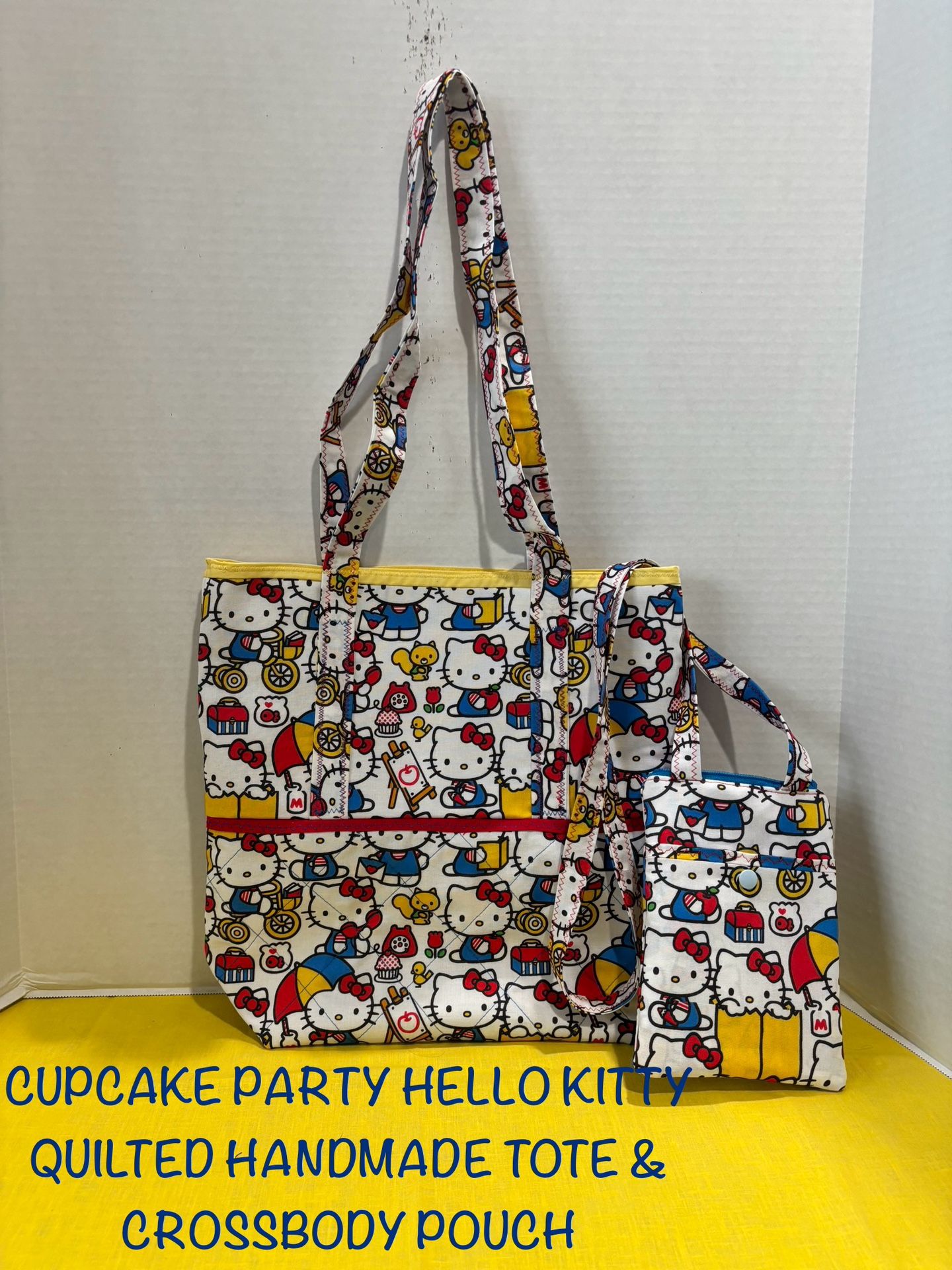 NEW CUPCAKE PARTY HELLO KITTY QUILTED HANDMADE TOTE & CROSSBODY PHONE POUCH