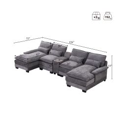 123*55 Modern U-shaped Sofa with Console,Cupholders and USB Ports,6-seat Upholstered Symmetrical Indoor Furniture,Sleeper Couch Set with Chaise for Li