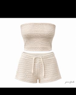 Cream Crochet Knit Tube Top and Shorts Set