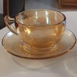 Vintage Jeanette Marigold Carnival Glass Tea Cup And Saucer Set Of 2 