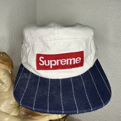 Vintage Supreme white Canvas Striped brim Camp Cap Made in USA  