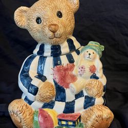 Vintage OND Cookie Jar Bear With Striped Clothes And Bunny And Train 