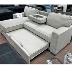 86.5"W Beige Reversible Sleeper Sectional sofa bed with Storage couch  Drop-Down Table 2 Cup Holders and 2USB Ports 