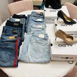 Women’s clothing, 31 Items total, 9 Express jeans sizes 4-6 , 3 Aldo’s shoes size 8,  2  express jackets,  1 Hollister Jean jacket, 1 Hollister sweate