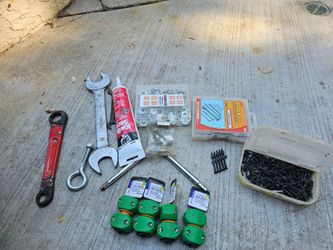 Mixed Hardware Lot Pipe Wrench Large Wrench Hose Menders Washers Nails Screws