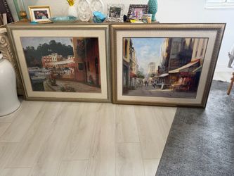 Pair of Large Framed European Street Scene Prints