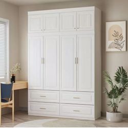 FUFU&GAGA White 8-Door Big Wardrobe Armoires with Hanging Rod, 4-Drawers, Storage Shelves 93.9 in. H
