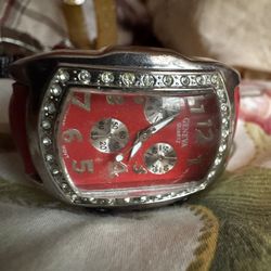 Watch  silver with red leather wrist  domed face
