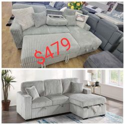 Ash / Smoke  / Black / Brown  Corduroy Sectional Sleeper Sofa With Storage Chaise  And Pull Out Bed With Cup Holders // Limited Time Offer 