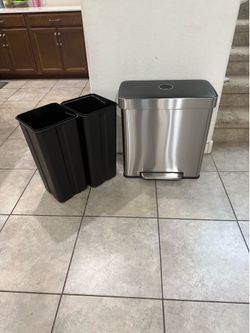 Amazon Basics Dual Compartment Recycling Trash Can with Soft-Close Lid, Fingerprint Resistant, Removable Liner Buckets, 60 Liters, Rectangular, Grey, 