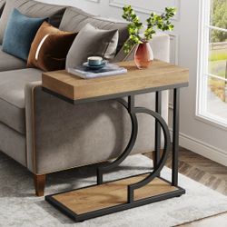Modern C-Shaped Side Table – Natural Wood & Black