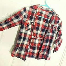 Plaid button up flannel shirt red white and blue