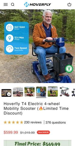 T5 Mobility Scooter, 4-Wheel Mobility Scooter for Adults - 16.8 Miles Range, 5 Mph, Smart Safety Features, Removed Battery, Rotating Swivel Seat, Head