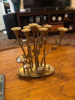 Whimsy is my middle name; Very 70sesque Gold Metal Flower Candleholders w/Shrooms and a Snail: