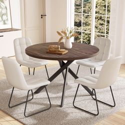45.3 Inch Round Dining Table Set for 4, Mid Century Modern Small Coffee Set for Dining Room Kitchen Apartment (Dark Walnut Table + 4 U-Shaped White Ch