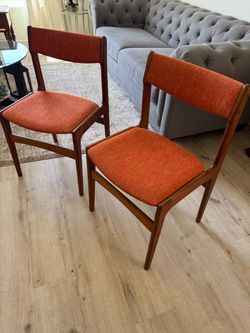 Danish MCM teak dining chair set of 2 / original orange upholstery Made in Denmark
