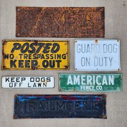 Lot of 6 Embossed Metal Vintage Signs Mancave Signage Garage Yard Art