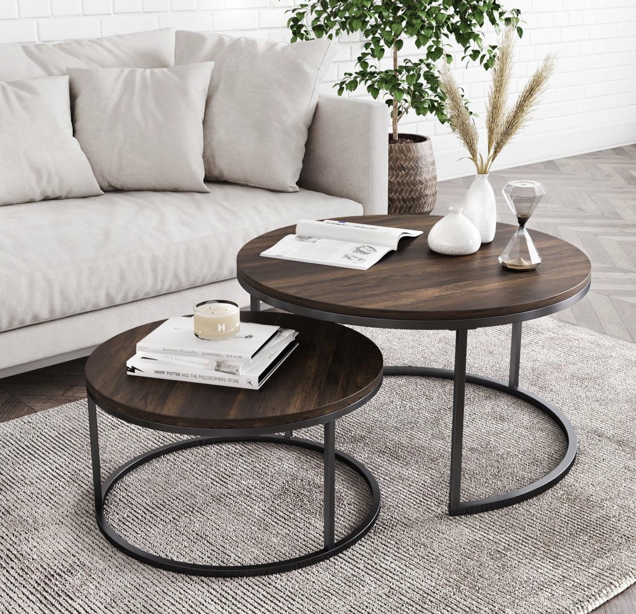 Round Nesting or Stacking Coffee Table Set of 2 Wood Finish Metal Frame, Warm Nutmeg/Black