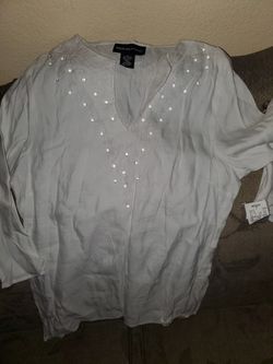 Marianne White Embellished and Embroidered Tunic SZ M medium Top Boho Kaftan Style